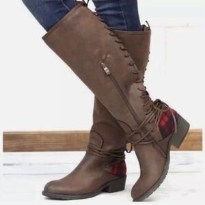 Very Volatile Boots 7 Brown Red Buffalo Plaid Knee High Western Boho Holiday‎